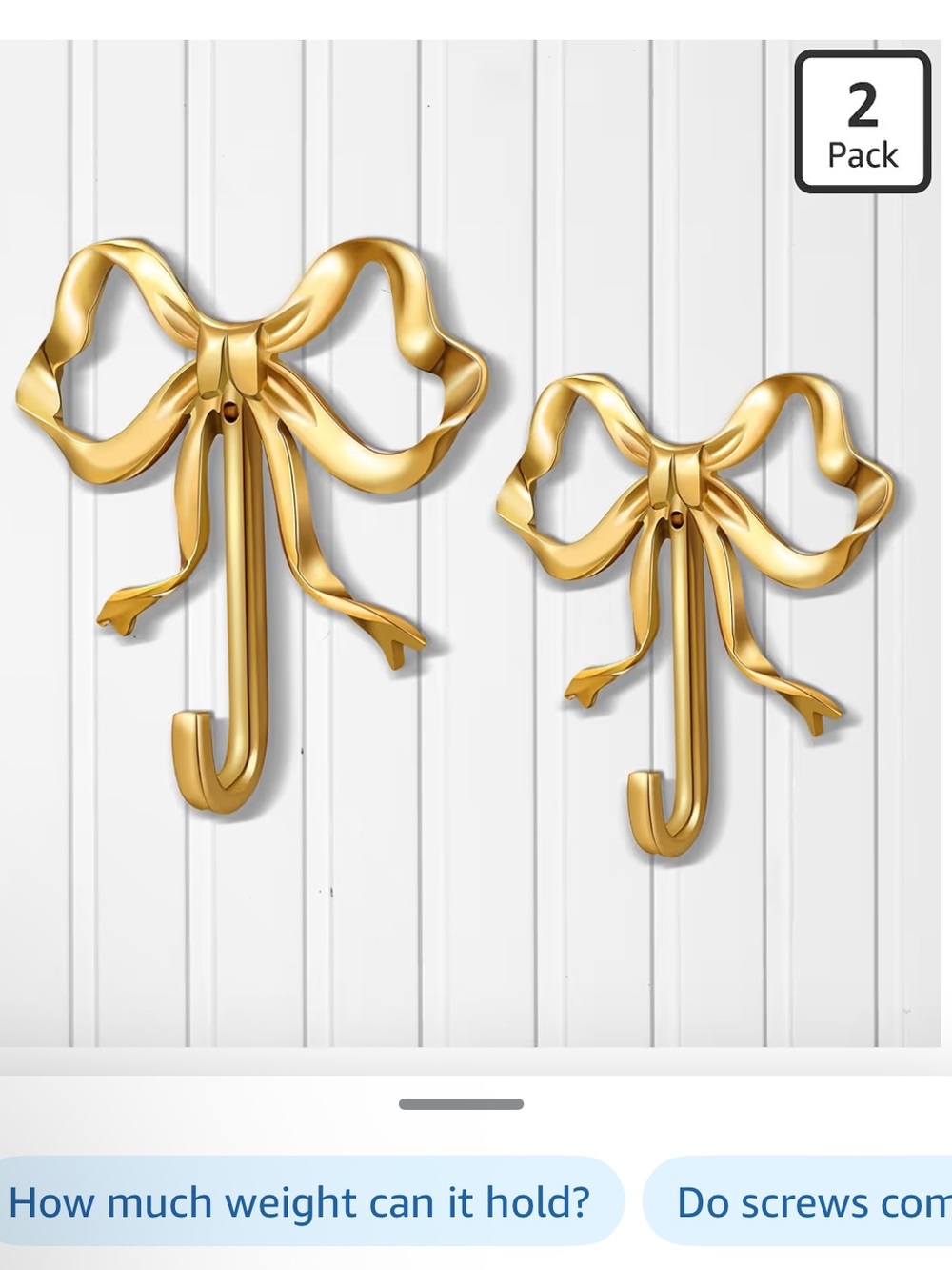 Gold Bow Wall Hooks - 3 hooks, 2 large and 1 small, NIP